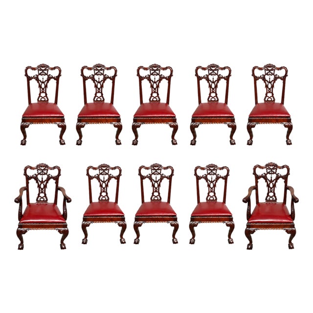 Set of Eight English Carved Mahogany George III Style Dining Chairs For Sale
