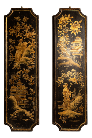 Black and Gold Lacquered Wall Panels in Chinoiserie Style, 1890s, Set of 2