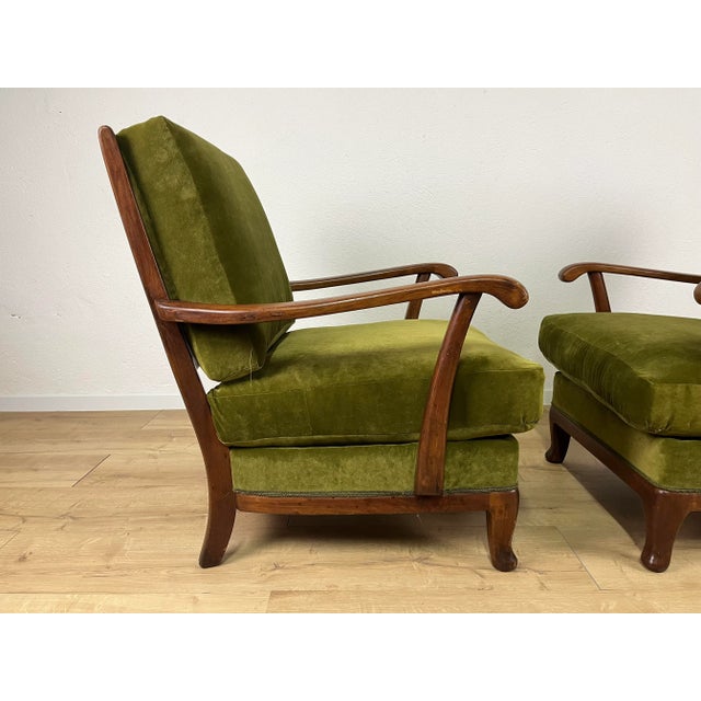 Brown Set of Wooden and Green Velvet Chairs, 1950s For Sale - Image 8 of 9
