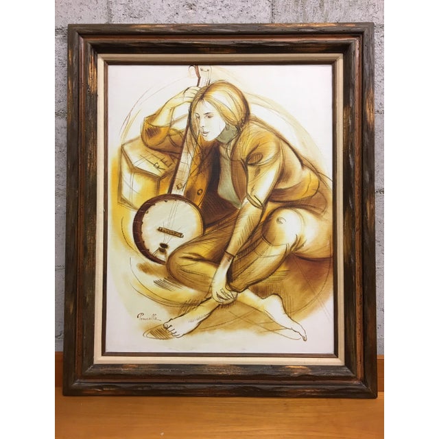 Yellow Late 20th Century "Lady with Banjo" Figurative Drawing by Ponselle, Framed For Sale - Image 8 of 8