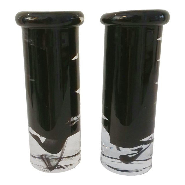 Vintage Kosta Boda Sweden Black Swirl Crystal Candle Holders, a Pair For Sale