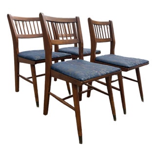 Set of 4 Mid-Century Modern Craddock Dining Chairs – Solid Walnut Spindle Back With Brass Ferrules – 1950s–1960s Retro Design For Sale