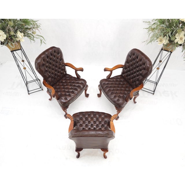 Brown Leather Chesterfield Backs & Seat Carved Walnut Armchairs Fireside Chairs For Sale - Image 11 of 13