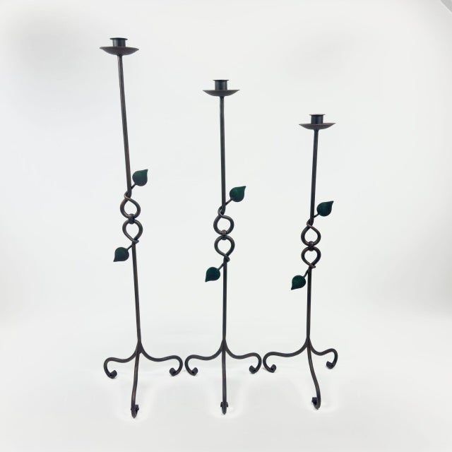 Hand Forged Iron Candelabra Set of 3 (91-111cm) Antique Copper Finish Floor Standing Sculpted Twist & Leaf Node Estate Set For Sale - Image 6 of 6