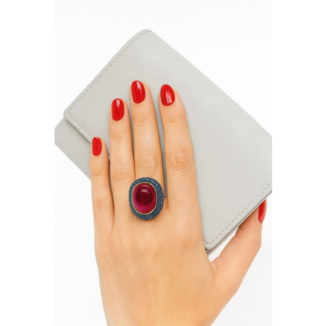 Ruby Red Bochic “Orient” Vintage Ruby & Blue Sapphire Ring Set In 18 K Gold & Silver For Sale - Image 8 of 12