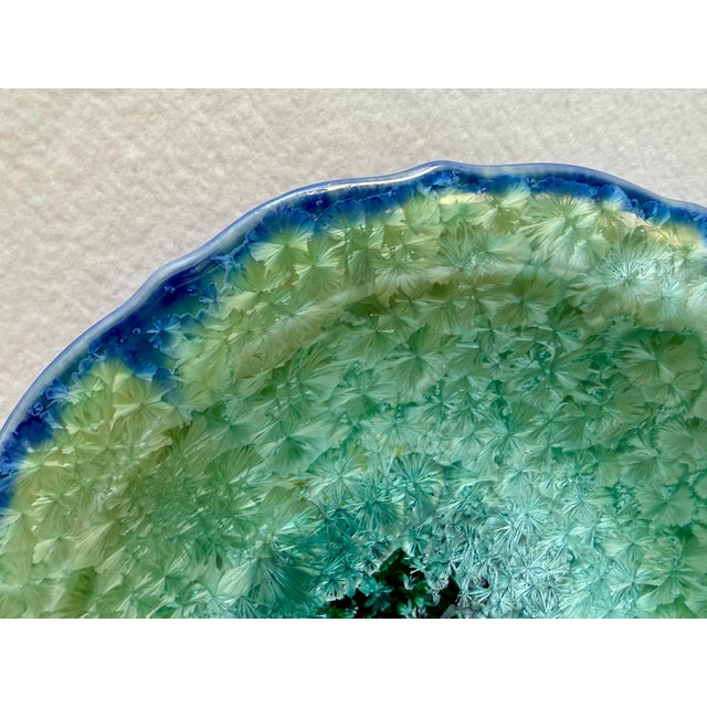 Edgecomb Pottery handmade ceramic dish/bowl. Has a crystalline starburst glaze in beachy, aqua blues and greens.