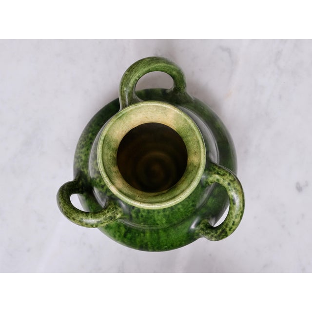 Ceramic Belgian Art Nouveau Sculptural Green Glazed Tri-Handled Vase, 1910s For Sale - Image 7 of 11
