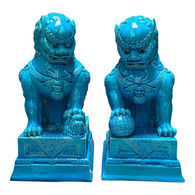 Pair of 1960’s Mid Century Chinese Turquoise Porcelain Foo Dog Statues For Sale