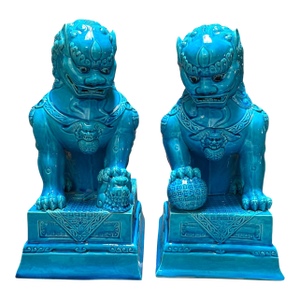 Pair of 1960’s Mid Century Chinese Turquoise Porcelain Foo Dog Statues