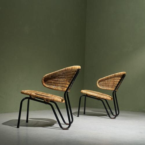 1960s Rattan Lounge Chairs with Black Tubular Steel Frames by Dirk van Sliedregt for Gebroeders Jonkers, Netherlands, 1960s, Set of 4 For Sale - Image 5 of 10