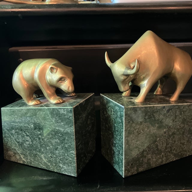 Mid-Century Modern 1980’s Bull & Bear Market Brass & Marble Bookends- Set of 2 For Sale - Image 3 of 4