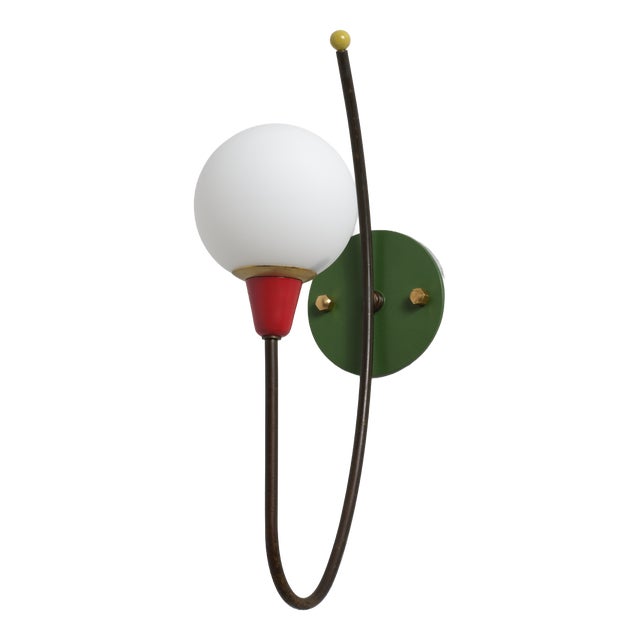 Italian Wall Sconce in Brass, Multicolor Metal and Opaline Glass, 1950s For Sale
