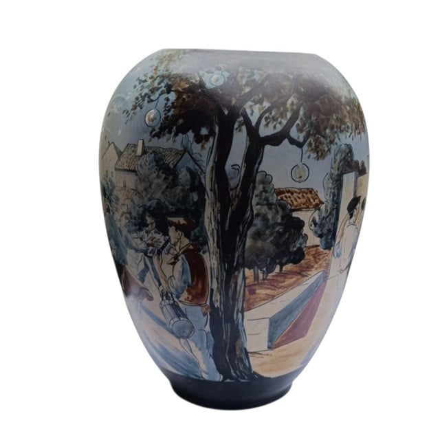 Large olive-shaped stoneware vase from Ciboure, Rodolphe Fischer period, with a rare decoration of a traditional village...