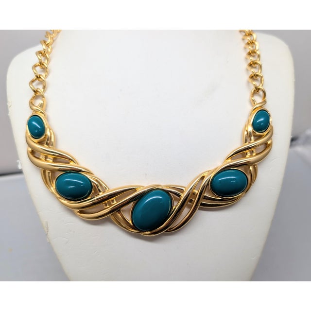 Metal Vintage 1990s Signed Monet Goldtone Cabochon Faux-Green Jasper Collar Necklace For Sale - Image 7 of 9