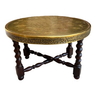 Vintage English Round Brass Coffee Tea Wine Table Folding Barley Twist Base For Sale