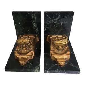 French Green Marble Bookends With 18th Century Bronze Dore Bolts - a Pair