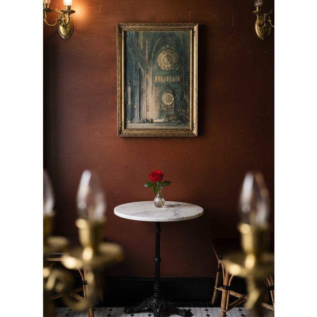 This is a James Alphege Brewer (1881-1946) colored print of the interior of the Reims Cathedral in France. The artwork is...