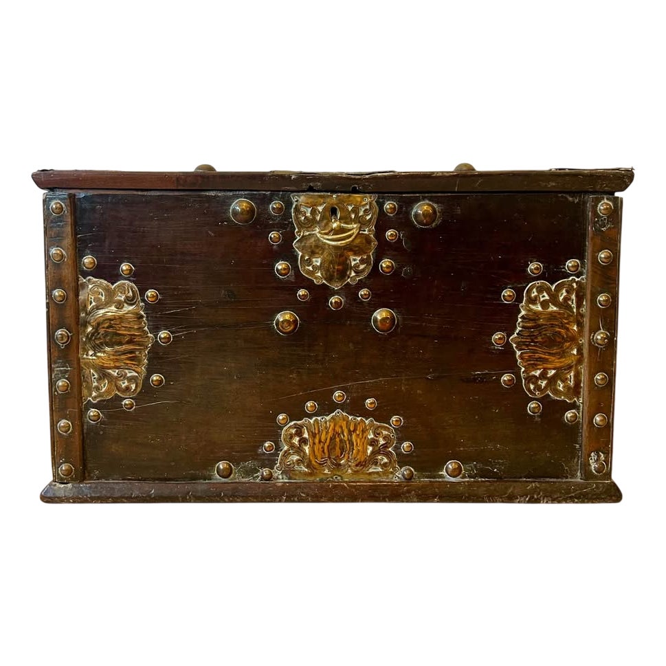 Antique Dutch Chest with Applied Brass Decoration and Key, 1700s | Chairish