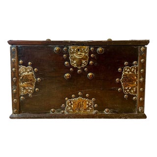 Antique Dutch Chest with Applied Brass Decoration and Key, 1700s For Sale