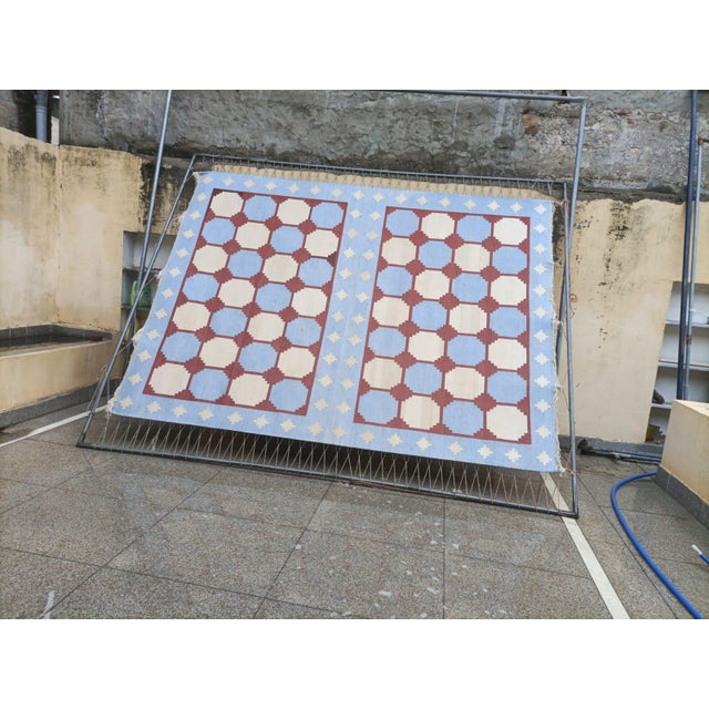 Handwoven Cotton Area Rug, Sky Blue and Terracotta Red Tile Swedish Dhurrie - 6'x9' For Sale - Image 9 of 13