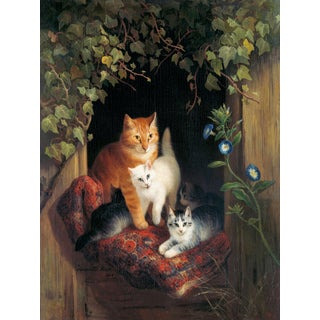 1844 Vintage Cat With Kittens Art Print, Victorian Animal Painting by Henriëtte Ronner - 18" X 24" For Sale