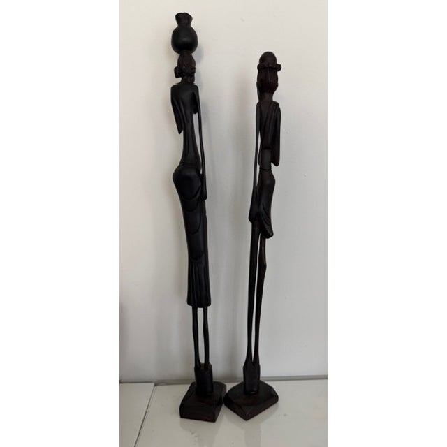 African Antique Ebony Wood Hand Carved African Folk Sculptures - Set of 2 For Sale - Image 3 of 14