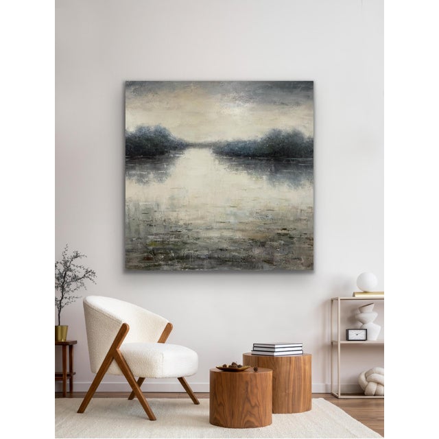 This striking 48" x 48" original acrylic painting on canvas captures a tranquil, atmospheric water landscape in a...
