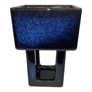 Vintage Mid Century Modern Blue Ceramic Vase Pottery Planter For Sale