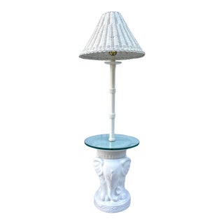 Vintage White Ceramic Elephant and Glass Floor Lamp For Sale