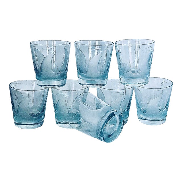 Vintage Etched Sailboat Transparent Crystal Cocktail Lowball Glasses, in the 'Artel Style'- Set of 8 For Sale