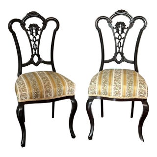 Pair Antique Victorian Carved Side Chairs With Satin Silk Bird Fabric For Sale