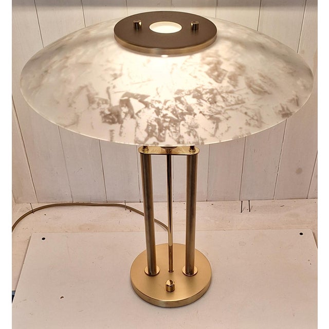 Dimmable Brass-Colored Metal Table Lamp with Glass Shade from TZ-Leuchten, 1980s For Sale - Image 3 of 8