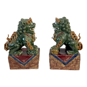 Vintage Chinoiserie Sancai Glaze Pottery Foo Dogs - a Pair 9.5" H