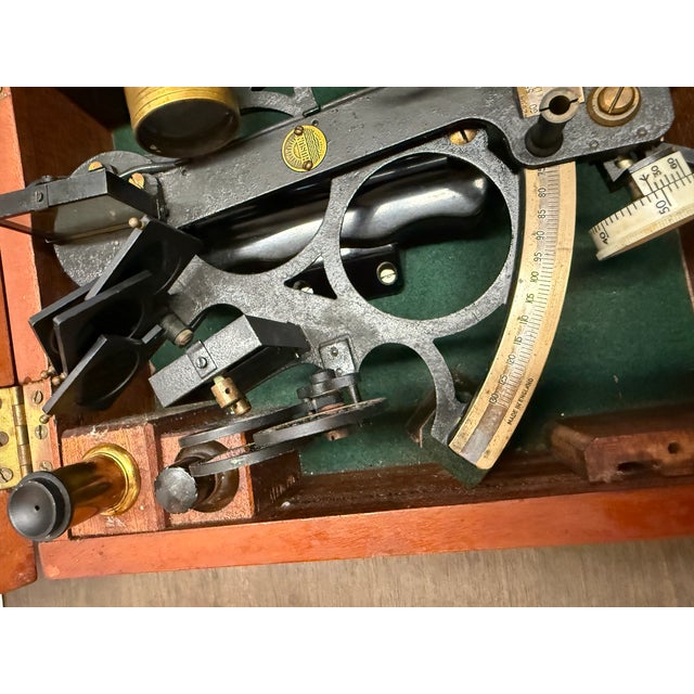Brass Nautical Marine Sextant by H. Hughes, London 1944 Original Mahogany Box, No Key For Sale - Image 8 of 12