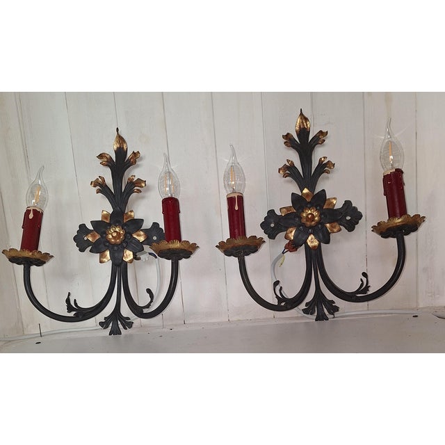Vintage Rustic Wall Lamps with Wrought Iron Frame, 1970s, Set of 2 For Sale - Image 6 of 7