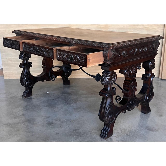 19th Century Spanish Two Faces Baroque Style Oak Library Table or Desk For Sale - Image 11 of 18