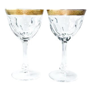 1980s Moser Crystal 'Lady Hamilton' 24k Gold White Wine Glass - Set of 2 For Sale