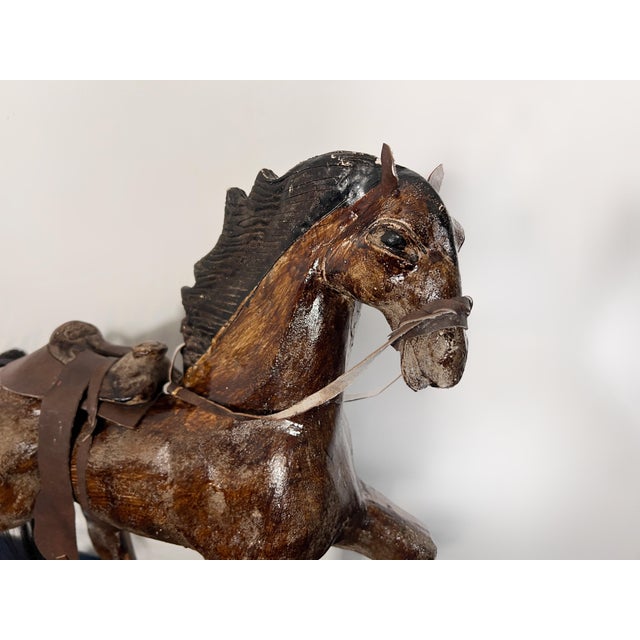 Paint Antique American Folk Art Composition Plaster Horse With Leather Saddle & Horsehair Tail For Sale - Image 7 of 11