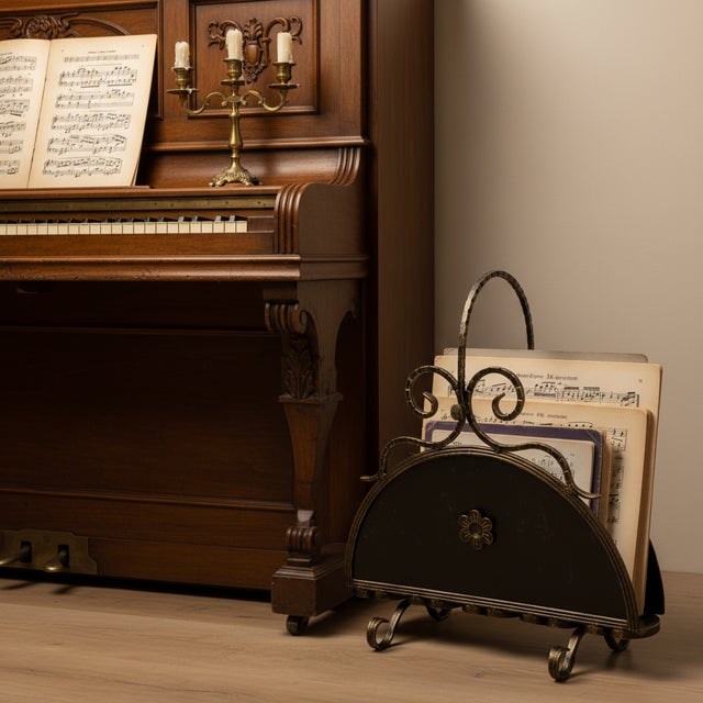 Hand Forged Iron Newspaper & Magazine Rack (54cm) Antique Gold Scroll Design with Arched Handle For Sale - Image 6 of 10
