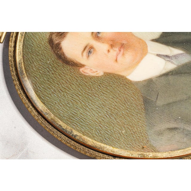 Early 20th Century Art Antique Portrait Miniature Painting Young Man Portrait in Ornate Brass Frame Home Decor For Sale - Image 10 of 16