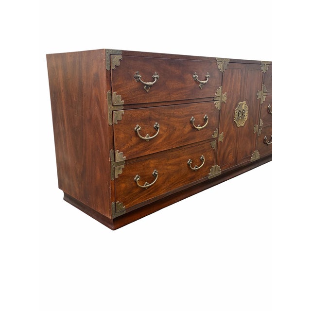 Henredon Vintage 80” MCM Henredon Pan Asian Brass Mounted Credenza Dresser For Sale - Image 4 of 11