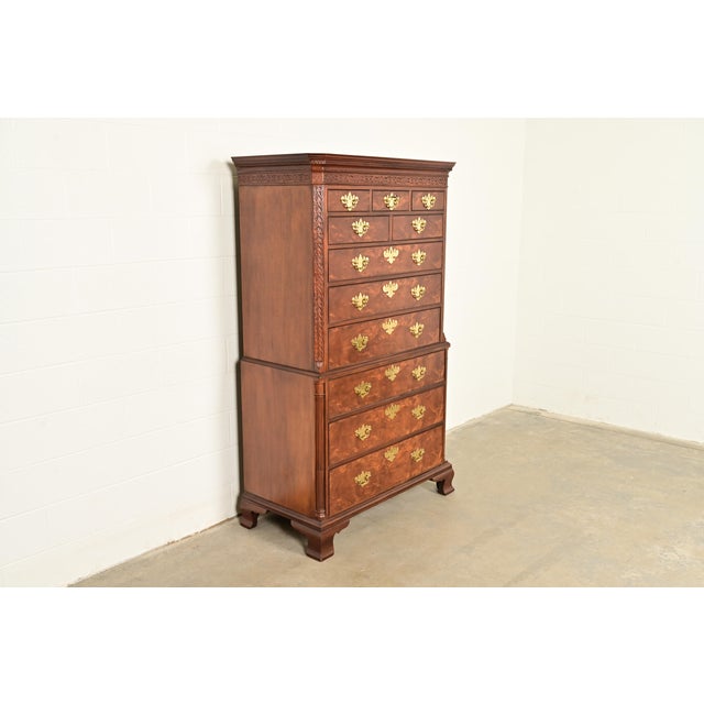 Baker Furniture Company Baker Furniture Historic Charleston Chippendale Carved Mahogany and Burl Wood Eleven-Drawer Highboy Dresser For Sale - Image 4 of 14