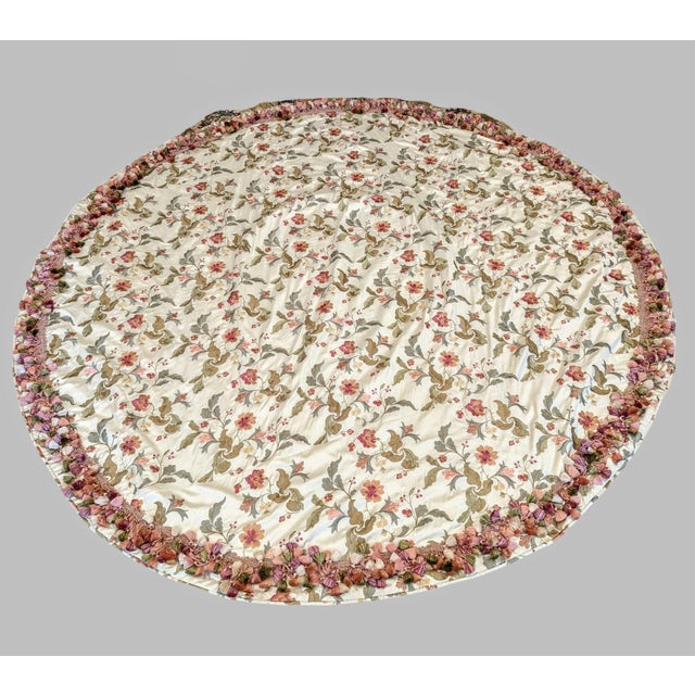 Round Table With Designer Chinoiserie Silk Embroidered Tablecloth Set With Custom Glass Top For Sale - Image 4 of 7