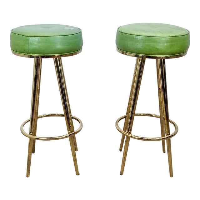 1970s Gold Tone 4 Leg Bar Stools - Set of 2 For Sale