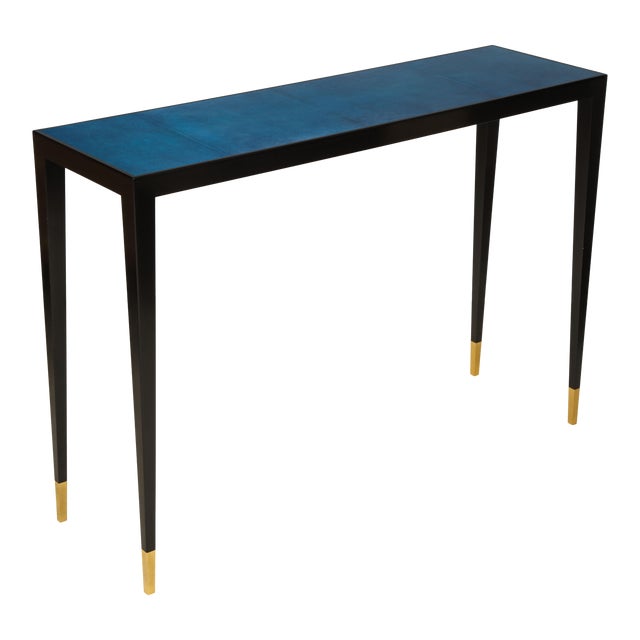 Bespoke Ebonized Console With Blue Parchment Top For Sale