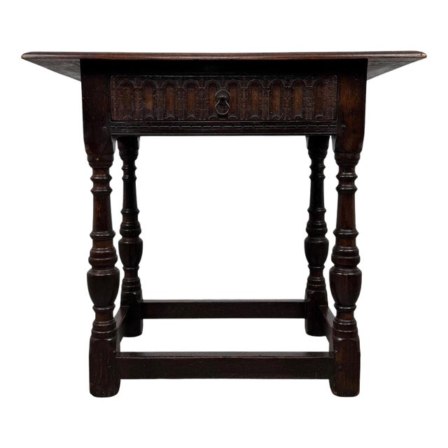 Antique English Carved Oak Side Table For Sale