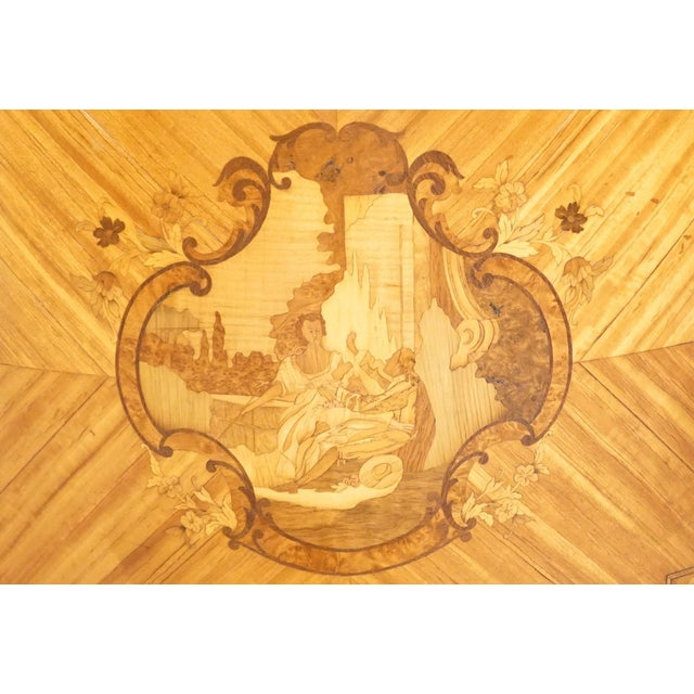 Early 20th Century Vintage Antique Banded Walnut French Louis XV Rococo Style 42" Carved Console W. Pastoral Inlay For Sale - Image 5 of 11
