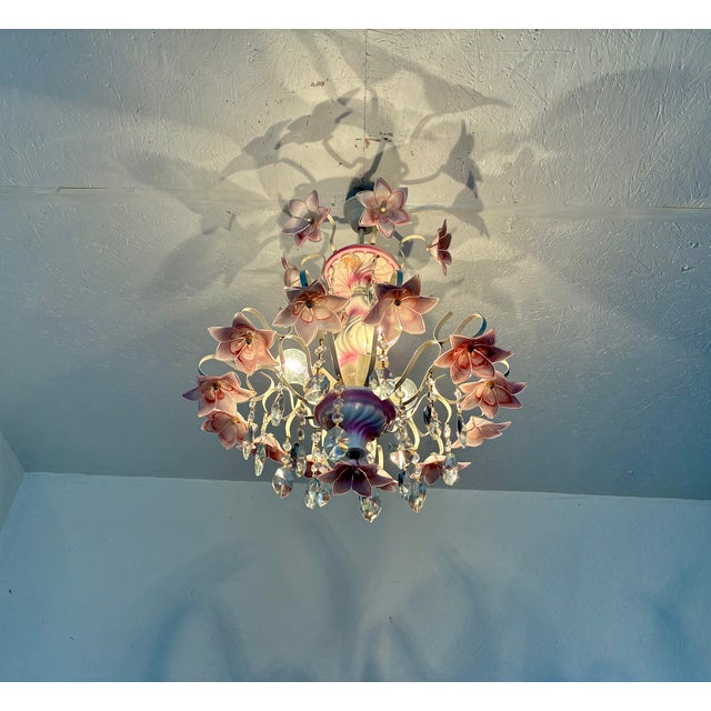 1980s Italian Murano Style Pink Floral Glass Chandelier With Crystals For Sale - Image 18 of 18