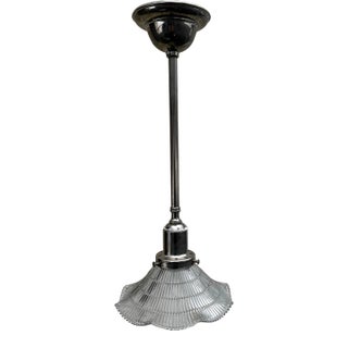 Vintage Nickel Pendant Fixture With Vintage Holophane Shade For Sale