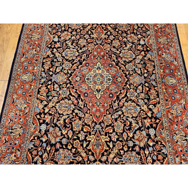Vintage Kashan Rug, Hand-Knotted Wool & Cotton, Floral Pattern, Navy & Brick-Red, 4x6 For Sale - Image 10 of 16